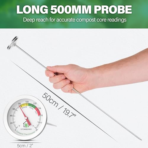 Compost Thermometer 20 Inch – Stainless Steel Soil Temperature Gauge with 2 Inch Dial – Long Probe Thermometer for Garden, Backyard, and Home Composting