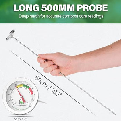 Compost Thermometer 20 Inch – Stainless Steel Soil Temperature Gauge with 2 Inch Dial – Long Probe Thermometer for Garden, Backyard, and Home Composting