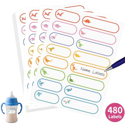 480 Pcs Waterproof Labels for Kids Stuff Daycare Name Bottle Essentials | Cute Dinosaur Self-Adhesive Baby Water Bottle Stickers for School Supply, Self-Laminating Write-on, Reusable Washable - style: Cute Dinosaur