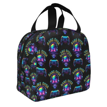 Women Skull Video Print Insulated Lunch Box Tote | Skull Video Game Over Print, Neoprene Hot & Cold Thermal Bag, Adjustable Strap for Hiking & Commute - color: Pattern (869)