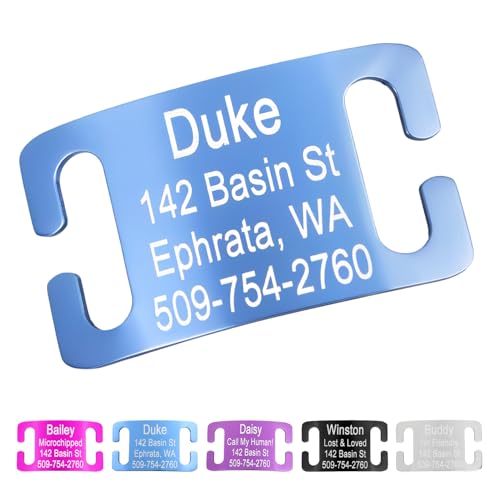 GoTags Slide-On Pet ID Tag, Silent Personalized Dog and Cat Nameplate | No Noise Aluminum, Custom Engraved in 4 Sizes for Large, Medium and Small Collars, Curved for Comfort No Jingling (Blue) - color: Sky Blue
