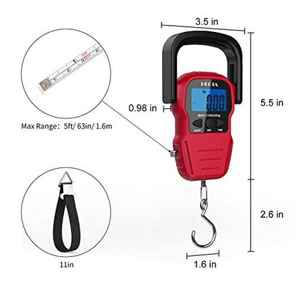 HEETA Fish Scale Digital Fishing Luggage Weight Scale with Measuring Tape | Up 110lb/50kg Portable Hanging Scale with Backlit LCD Display for Home Farm Outdoor Hunting Fishing, 2 AAA Batteries Included - color: Red