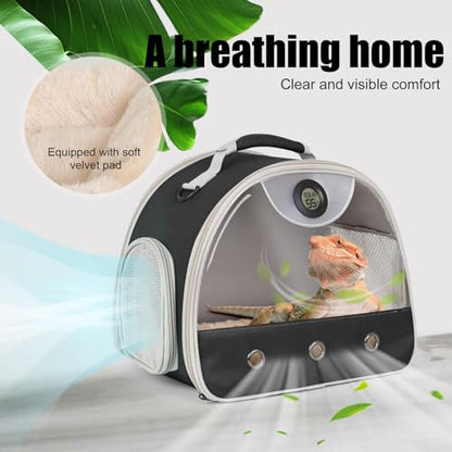 Bearded Dragon Carrier, Reptile Travel Bag with Built-in Thermometer Hygrometer, Breathable Small Animal Carrier with Clear View Window, Portable Guinea Pig Carrier for Gecko, Snake, Hamster - color: Black