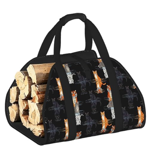 AMRANDOM Firewood Carrier Log Tote Bag with Handles Cat Tiger Print Wood Sling Holder Cabin Stove Accessories - color: Color1029