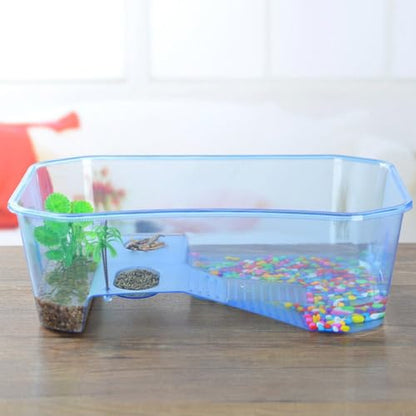 GANAZONO Plastic Turtle Tank with Drying Platform for Swimming and Hibernation, Sturdy Plastic Container for Small Turtles, Reptile Habitat Terrarium with Open Top Design