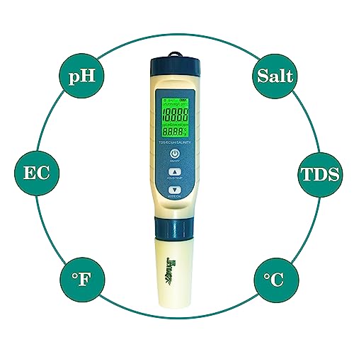 5-in-1 Water Quality Tester Pen Meter for Pools, Drinking Water, Aquariums, Hydroponic & Cooking - Measures PH, TDS, EC, Salinity & Temp with ATC Function - style: 5-in-1 liquid tester PH/TDS/EC/Salinity/Temp