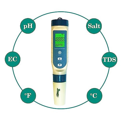 5-in-1 Water Quality Tester Pen Meter for Pools, Drinking Water, Aquariums, Hydroponic & Cooking - Measures PH, TDS, EC, Salinity & Temp with ATC Function - style: 5-in-1 liquid tester PH/TDS/EC/Salinity/Temp