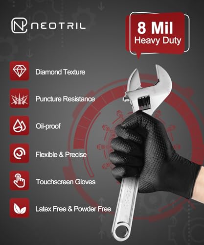 NEOTRIL 8 Mil Heavy Duty Disposable Nitrile Gloves with Diamond Texture Grip Rubber Gloves Latex & Powder Free - color: Box of 50 / Black, size: Large