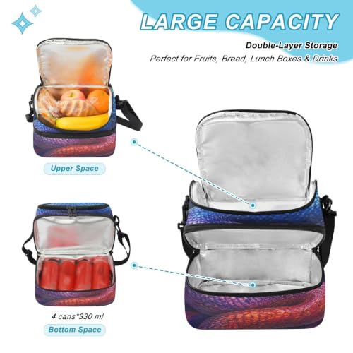 Emelivor Snake Rainbow Insulated Lunch Bag Tote Container for School | 8L Double Deck,Large Lunch Box with Shoulder Strap,Thermal Meal Prep Cooler,Suitable for School Work Picnic Office Travel