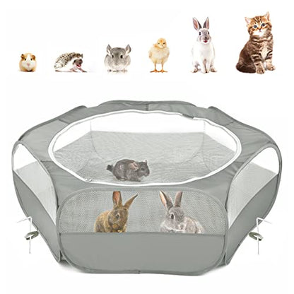 Pawaboo Small Animal Playpen with Zippered Cover,Light Gray | Portable pop-up pet tent for supervised rabbits, guinea pigs, chicks and kittens; water-resistant bottom and 3 metal rods - color: B-Gray