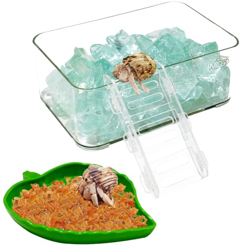 La La Pet Acrylic Hermit Crab Water Tank and Leaf-Shaped Food Bowl Transparent Bathtub with Climbing Ladder and Stones Preventing Drowning Stackable Pools for Fresh and Saltwater L