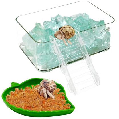 La La Pet Acrylic Hermit Crab Water Tank and Leaf-Shaped Food Bowl Transparent Bathtub with Climbing Ladder and Stones Preventing Drowning Stackable Pools for Fresh and Saltwater L