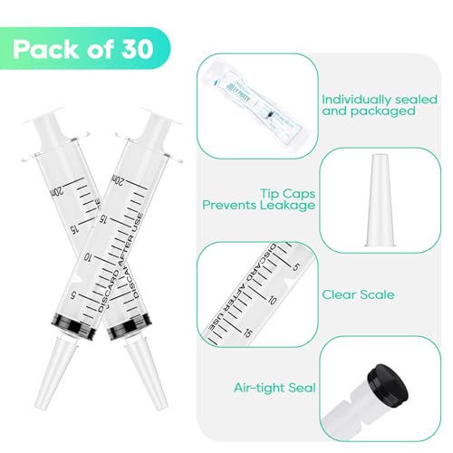 30 Pack 20mL Syringes, Plastic Syringes with Catheter Tip & Cap | Individually Sealed Feeding Syringe For Dogs, Measuring Syringe For Liquid, Scientific Labs, Refilling, Dispensing - style: 20ml