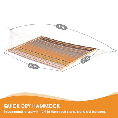 Lazy Daze Double Textliene Quick Dry Hammock with Spreader Bar for Outdoor | 11 Ft Hammock for 2 Person, Weather Resistant Fabric, 450 Lbs Capacity, Hammock Bed 78 x 55 In with Carabiners, Chains - color: Coffee Stripes
