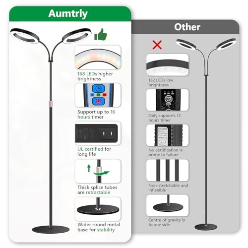 Aumtrly 2 Head Grow Light Full Spectrum, Black, with 68" Adjustable Stand | 6/12/16H Timer, 5 Dimming Level, 168 LED Halo Design, Flexible Gooseneck, Metal Base, Floor Growing Lamp for Large Tall Plant - size: 2 head 68inch/black
