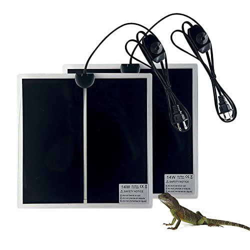 Reptile Heating Mat, 2PCS Reptile Heating Pad with Temperature Adjustment for Reptiles Tortoise Snakes Lizard Gecko Hermit Crab Amphibians - Removable Terrarium Heat Mats(14W, 11x11 inches) - size: 2PCS,14W