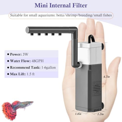 3W Mini Fish Tank Filter, 48GPH Quiet Aquarium Internal Filter 3-in-1 Submersible Fish Tank Filter Pump for 1-6Gal Betta/Fry/Shrimp Tanks - style: 3W(1-6gal)