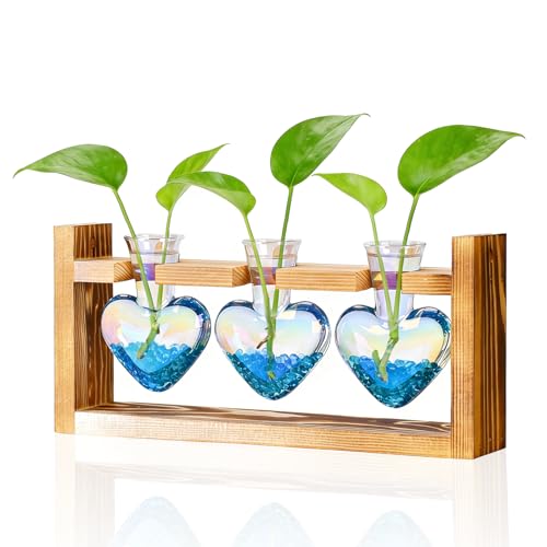 Plant Terrarium with Wooden Stand, 3 Heart Bulb Glass Vases | Wooden Stand Tabletop for Air Planter, Gifts for Mom Plant Lovers Mom Women Wife Grandma - color: Iridescent Clear