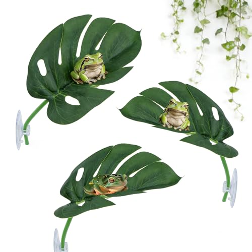 3 Pack Frog Basking Platforms - Realistic Leaf Perch with Suction Cups, Terrarium Decor & Habitat Accessories for Tree Frogs, African Dwarf Frogs & Toads