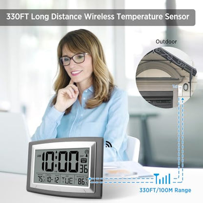 Atomic Clock 12.5 Inch Self-Setting Digital Wall Clock | Indoor/Outdoor Temperature, Battery Operated Wall Clocks or Desk Clocks, Large Display for Classroom, Garage, Office - size: 12.5 INCH
