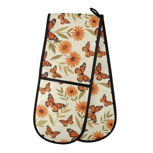 Dual-functionality Mitts and Pot Holders Sets High Heat Resistant Pot Holder Gloves Kitchen Aid BBQ (Monarch Butterfly Flower) - color: Monarch Butterfly Flower