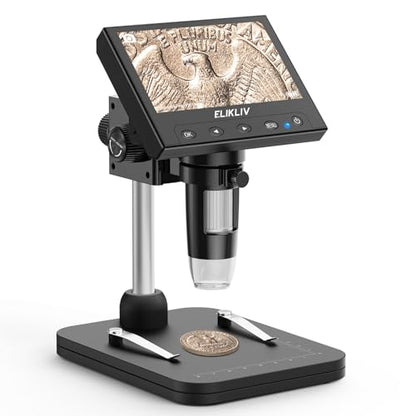 Elikliv Coin Microscope, 4.3'' LCD Digital Microscope 1000x, Coin Magnifier with 8 Adjustable LED Lights, PC View Compatible with Windows/Mac, EDM4B, Black - color: Black