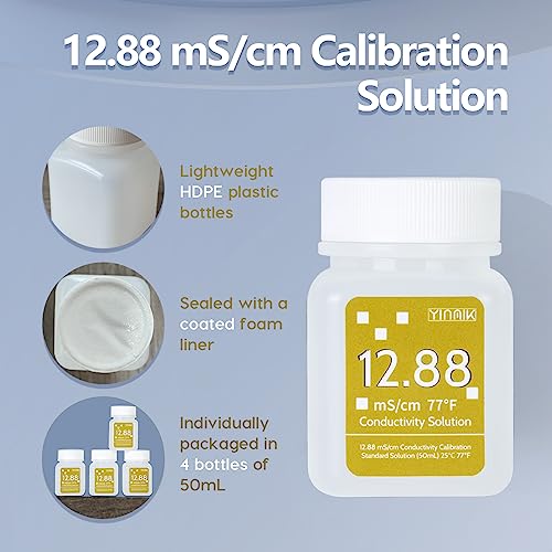12.88 mS/cm Calibration Solution Conductivity Salinity Calibration Fluid | EC Buffer Standard Calibration solution for Salinity Tester, EC Meter, TDS Meter, 5 in 1 Tester , 4 Bottles of 50mL - color: YELLow