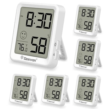 Geevon 6-Pack Mini Indoor Thermometer Hygrometer – Indoor Temperature & Humidity Monitor with Time Display and Comfort Indicator for Home House Office Garden and Cellar - size: 6 pack, style: 256360