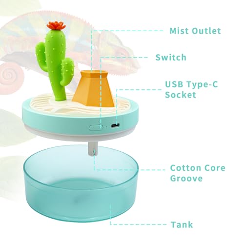 Reptile Fogger, 320ML USB Plastic Cartoon Cactus Humidifier with Lampion, Mister for Reptile Tank, Terrarium Accessories for Snake, Tortoise, Tree Frog, Chameleon and Other Small Animals