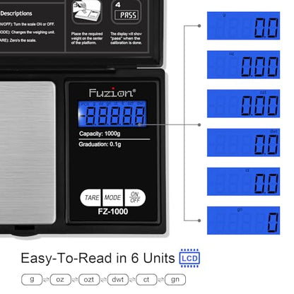 Fuzion Digital Pocket Gram Scale - 1000g/0.1g Small Food Scale Portable | Easy of Use, LCD Display, Tare Function, 6 Modes Ounces Grains, Batteries Included, Travel Food Scale - color: Black