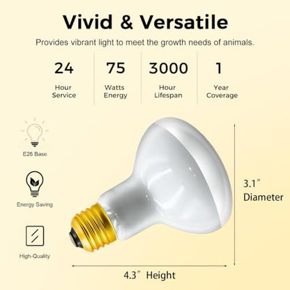 Reptile Heat Lamp 75W, Daylight UVA Basking Light Bulbs with E26 Base for Lizards, Turtles, Snakes and Amphibians 2 Pack