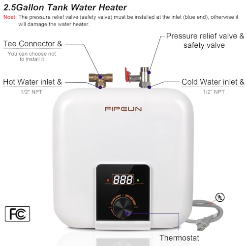 110V/115v/120V 1400-1500W Small Under Sink Tank 2.5 Gallon Water Heater Hot Storage，Mini Instant Electric RV TR Trailer Kitchen Compact Point-of-Use,2 PCs 16” Long 1/2”FIP Stainless Steel Hoses 9.5L