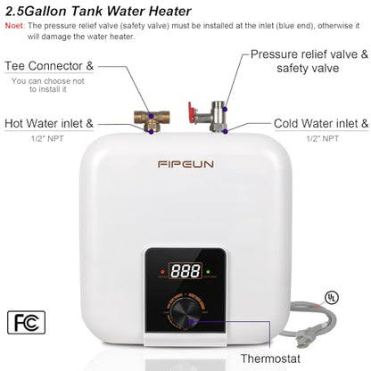 110V/115v/120V 1400-1500W Small Under Sink Tank 2.5 Gallon Water Heater Hot Storage，Mini Instant Electric RV TR Trailer Kitchen Compact Point-of-Use,2 PCs 16” Long 1/2”FIP Stainless Steel Hoses 9.5L
