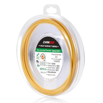Chanzon 2:1 Ratio 1/24" (1mm) Heat Shrink Tubing 8Ft Roll Yellow | Polyolefin Sleeving 2.5M Roll, for Automotive Wire Repair, Marine, RC Hobby & Electronic Insulation, 1pcs - color: Yellow, size: 1mm (1/24") - 8FT