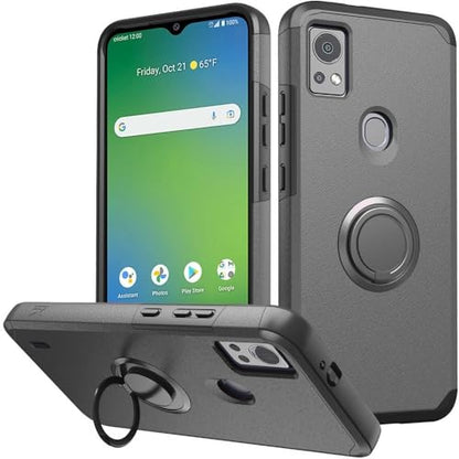 for AT&T SL112A 6782D / Cricket SL112C Shockproof Ring Stand Hybrid Cover Phone Case + Tempered Glass + Extreme Band + Stylus Pen + Pry Tool (Gray) - color: Gray