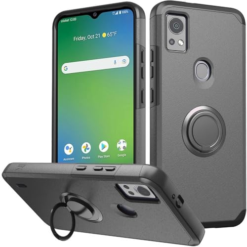 for AT&T SL112A 6782D / Cricket SL112C Shockproof Ring Stand Hybrid Cover Phone Case + Tempered Glass + Extreme Band + Stylus Pen + Pry Tool (Gray) - color: Gray