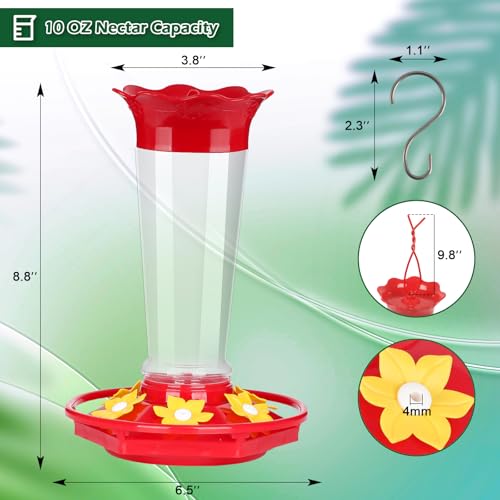 10oz Plastic Hummingbird Feeders for Outdoors - 2 Pack, Ant & Bee Proof, 6 Feeding Ports, Easy Clean Red Nectar Feeders for Outside Hanging, Gifts for Mom