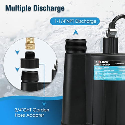 KITLUCK Submersible Water Pump, 1/2HP Thermoplastic Sump Pump, Portable Utility Pump with 10ft Cord, Hose Adapter, 2000GPH High Flow Water Removal for Swimming Pool, Garden Pond, Flood Basement, Tub - style: 1/2 Submersible Pump