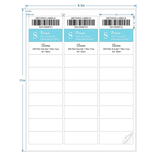 Methdic Address Labels 1" x 2-5/8" 3000 Labels Sticker Paper for Laser/Ink Jet Printer Mailing Labels 8.5"×11" White 30 per Sheet - size: Rectangular 1" x 2-5/8", style: 100 Sheets