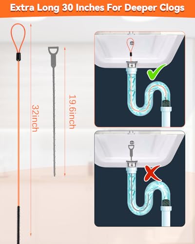32 Inch Anti-break Metal Drain Snake, Hair Clog Remover, Cleaner Tool | Nylon Coating Sink Snake Drain Cleaner Hair Catcher Remover for Shower Bathroom Sink Tub - color: Orange/Black-32inch