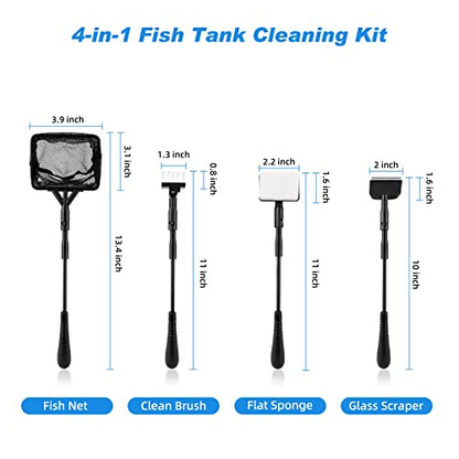 hygger Small Fish Tank Cleaner, Aquarium Cleaning Tools Kit with Handle, Seaweed Scraper, Fishing Net, Sponge Brush,Wall Brush (S) - size: Small