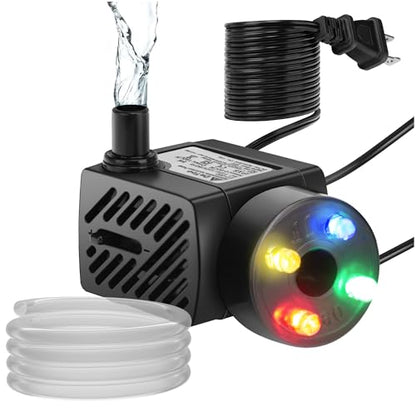 DaToo Mini Submersible Fountain Water Pump With LED Light 50GPH 3W Small Ultra Quiet Water Pump With Tubing For Aquarium Fish Tank Outdoor Pond Water Feature Fountain Statuary - size: 50GPH 3W(4 LED)