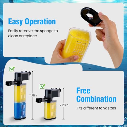 3-in-1 Aquarium Filter for 30-100 Gallons Fish & Turtle Tank Filter | Bio-Sponge Filter 18W 400GPH Quiet Submersible Pump, Easy Clean & Install, Adjustable Bubbles for Aeration, Water Circulation