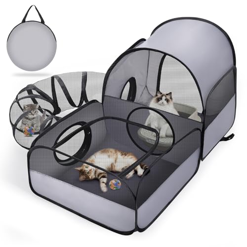 Tailtastic Indoor/Outdoor Cat Playpen with Surround Tunnel 2 Zones Grey | escape-proof enclosed enslosure,lightweight foldable for travel, ideal for indoor cats, multi-cat homes & birthing - color: GREY