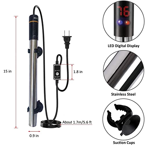 Aquarium Heater, 500W Submersible Fish Tank Heater Underwater Turtle Water Warmer for 40-90 Gallon Tank with with Intelligent LED Temperature Display and External Temperature Controller - color: Upgraded Stainless 500W (for 50-90 gallon)