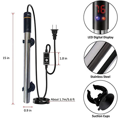 Aquarium Heater, 500W Submersible Fish Tank Heater Underwater Turtle Water Warmer for 40-90 Gallon Tank with with Intelligent LED Temperature Display and External Temperature Controller - color: Upgraded Stainless 500W (for 50-90 gallon)