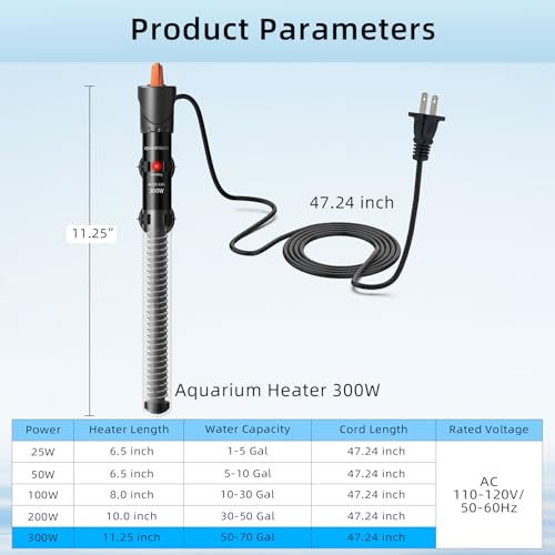 HiTauing Aquarium Heater 25W/50W/100W/200W/300W, Adjustable Knob Fish Tank Heater with Digital Thermometer, Submersible Betta/Turtle Tank Heater for Freshwater and Saltwater Tanks - size: 300W for 50-70 gallon