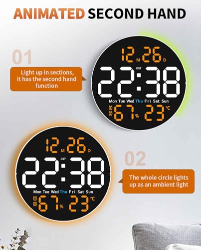 10 Inch Large Digital Wall Clock with 9 Color Changing Remote Control, Date Week Temperature, Auto Brightness Dimmer Big Clock Night Lights,Orange - color: Orange