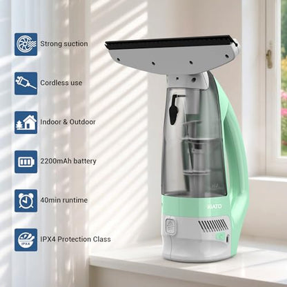 Kiato Window Vacuum Squeegee Cordless, Electric Window Vac, Rechargeable Window Cleaner with Spray Bottle, for Cleaning Windows, Mirrors, Glass, 2200mA, WC10