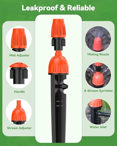 Pawfly 30 Pcs Drip Irrigation Emitters for 1/4" Tubing, 2-in-1 Irrigation Drippers with Misting Nozzles & 8-Stream Sprinklers, Drip Irrigation Parts with Stake & Adjustable 360 Degree Water Flow - size: 30pcs Misting+Spraying Drippers